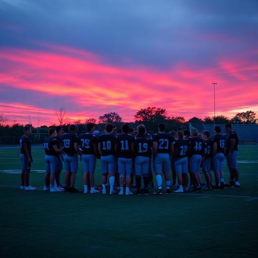 Team huddle on the field at dusk
