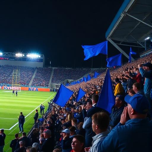 Fans waving blue flags in the stands